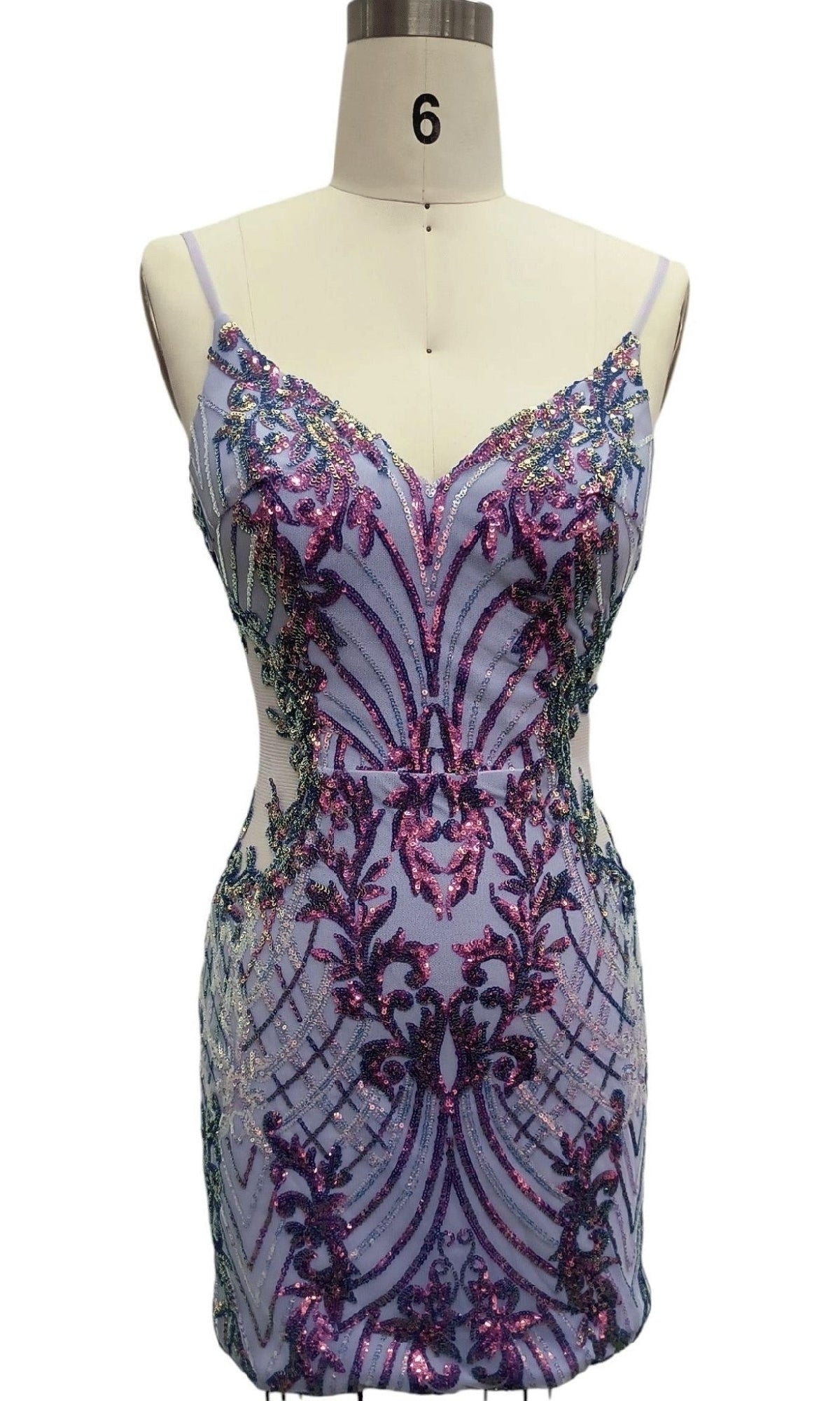 A sleeveless, fitted Short Lilac Sequin Hoco Dress: 12439 features colorful sequin embroidery and is displayed on a size 6 dress form.